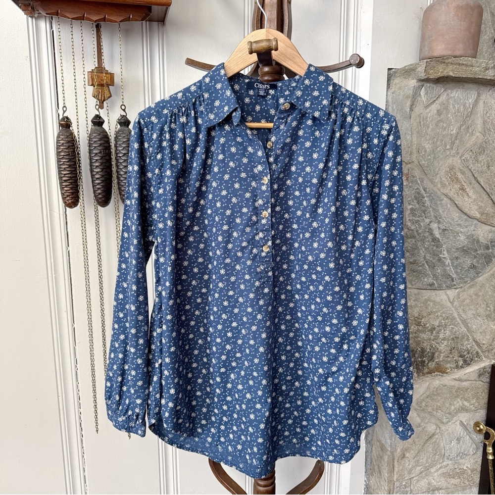 Cotton Cottagecore Blue Floral Half Button Down Long Sleeve Shirt